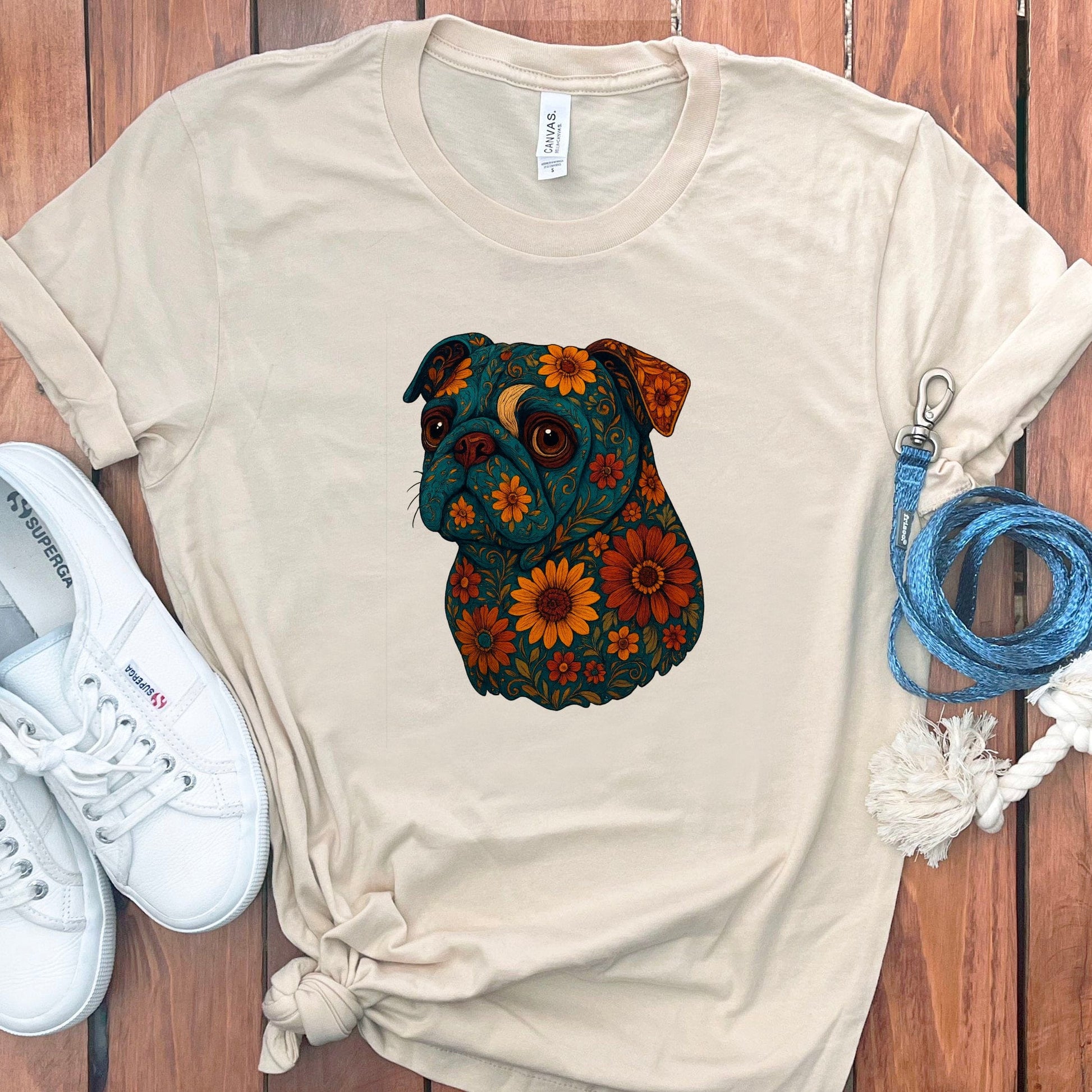 Floral Pattern Pug Print on Beige T-Shirt product type