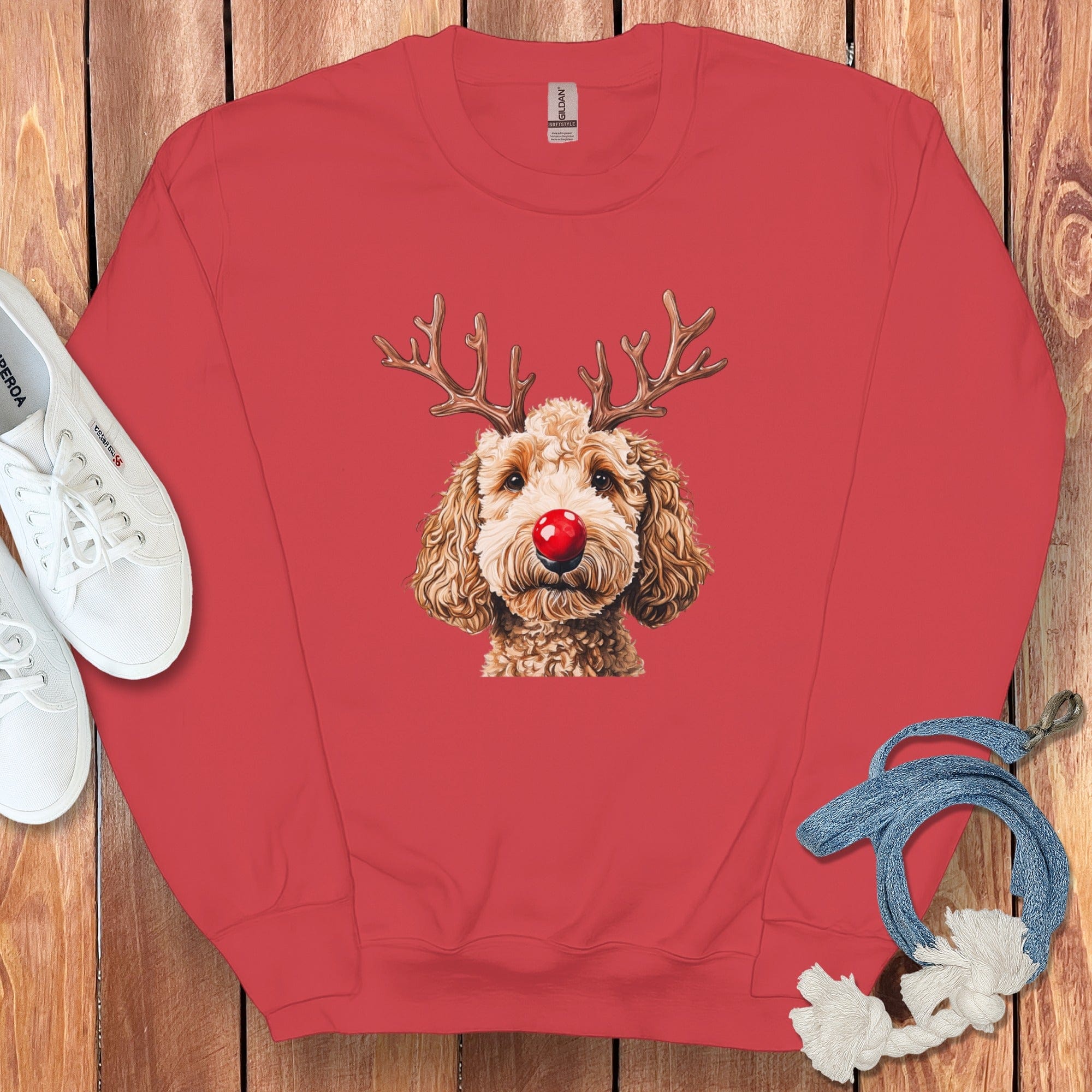 Brown Doodle Holiday Sweatshirt in Red / S by Puppy Jo