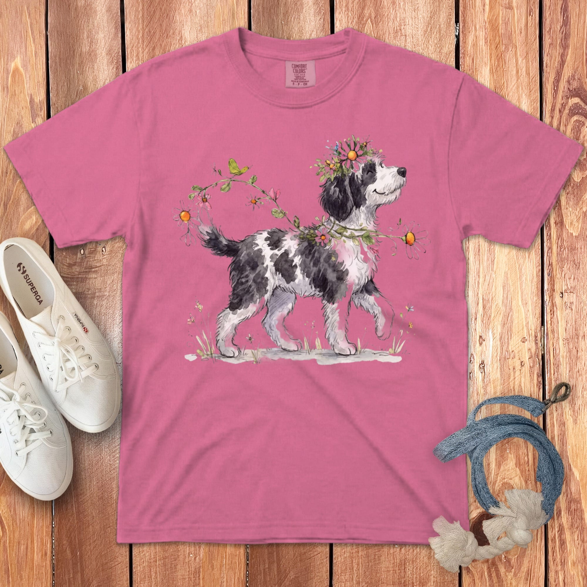 Pink t-shirt featuring watercolor illustration of a fluffy dog wearing a floral crown.