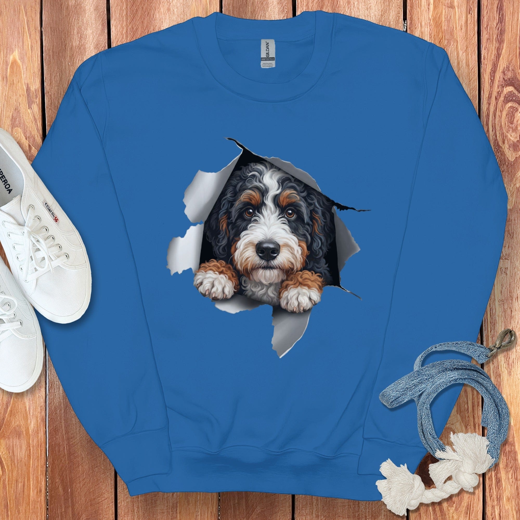 Cute Dog Peeking Out Design on Blue Sweatshirt Product