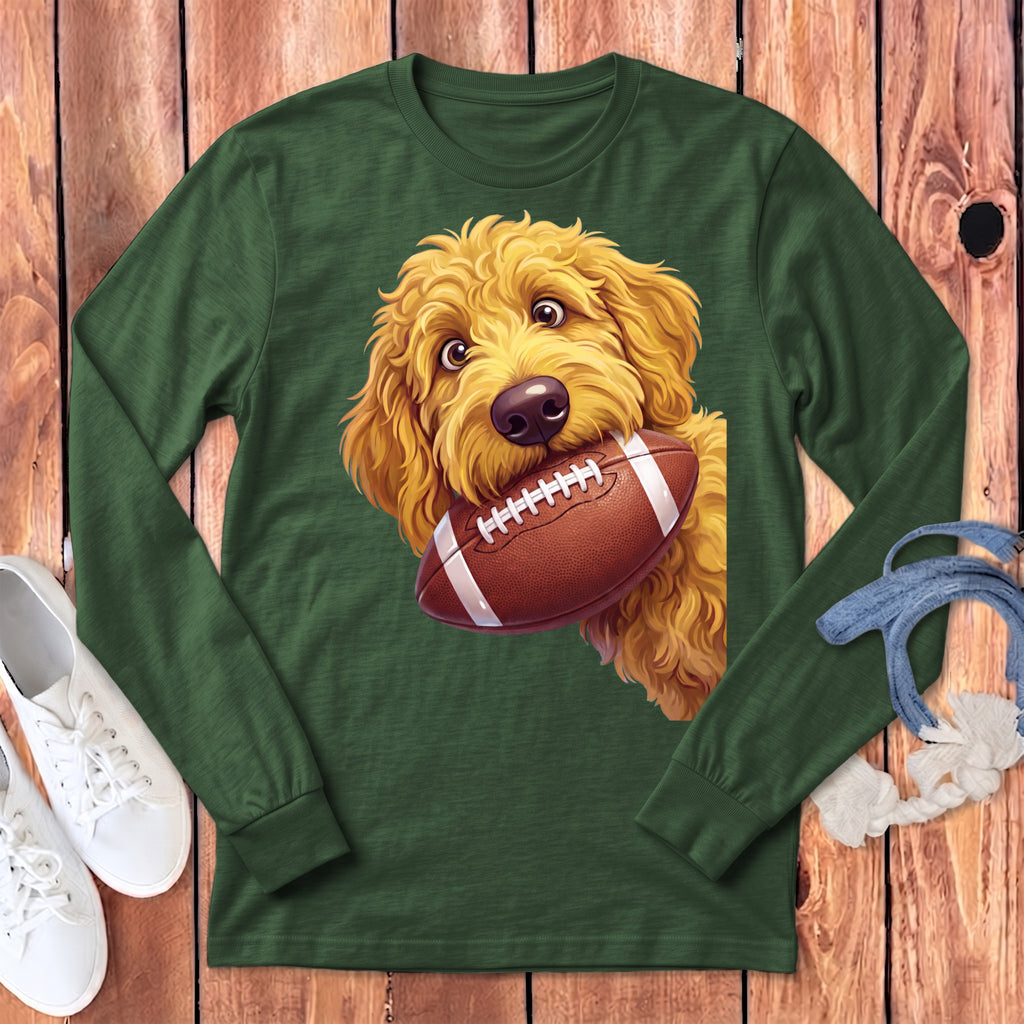 Goldendoodle dog holding a football in its mouth on a green long-sleeve shirt.