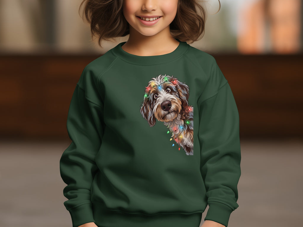 Green crewneck sweatshirt with dog and colorful string lights graphic.