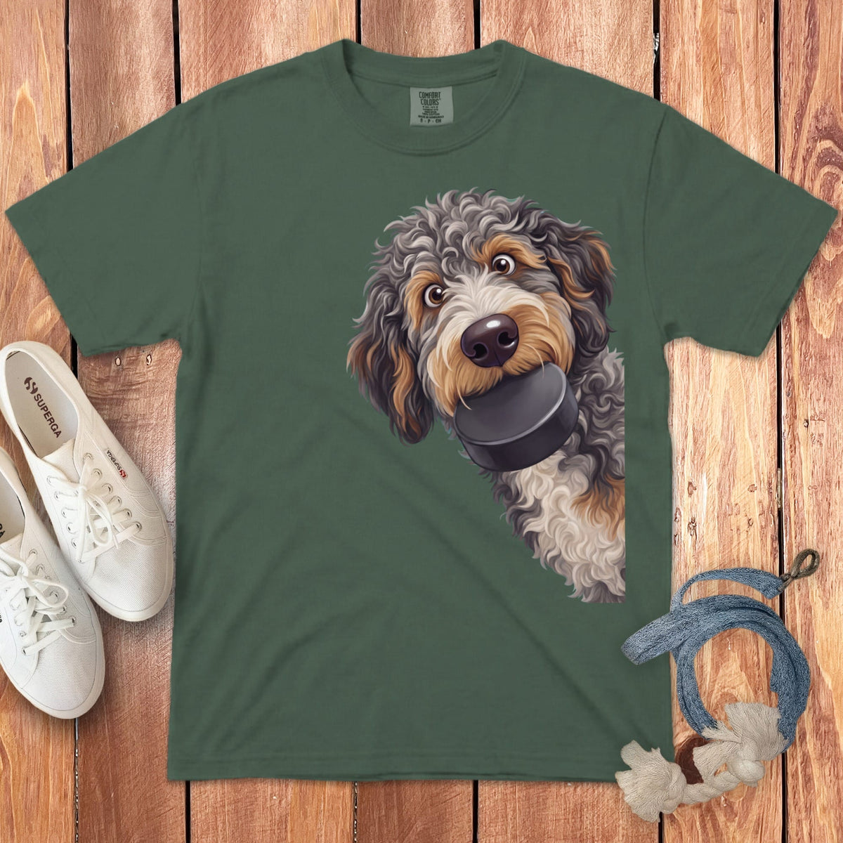 Aussiedoodle Hockey Puck Signature T-Shirt in Blue Spruce / S by Puppy Jo