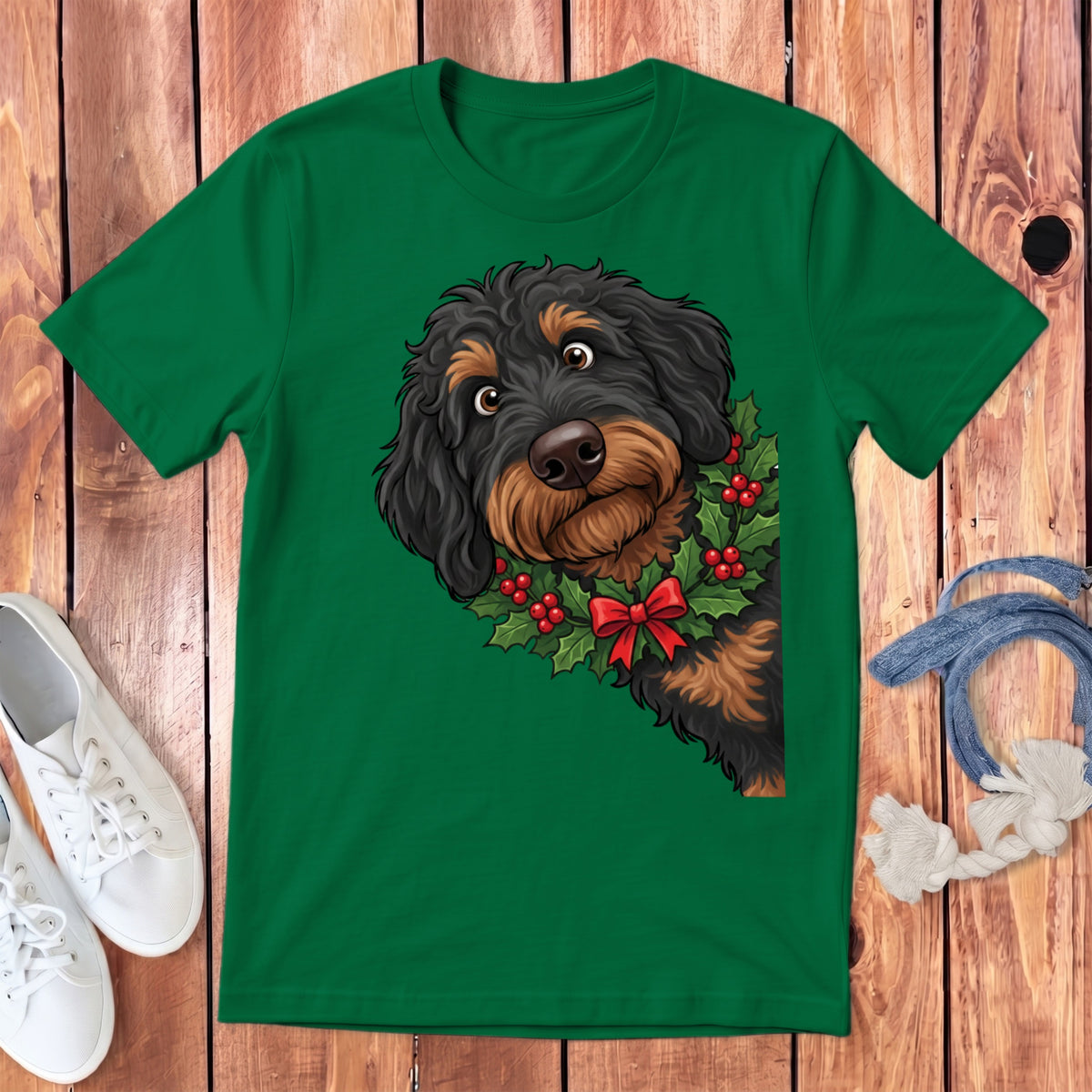 Green t-shirt featuring a doodle dog wearing a holly wreath with a red bow.