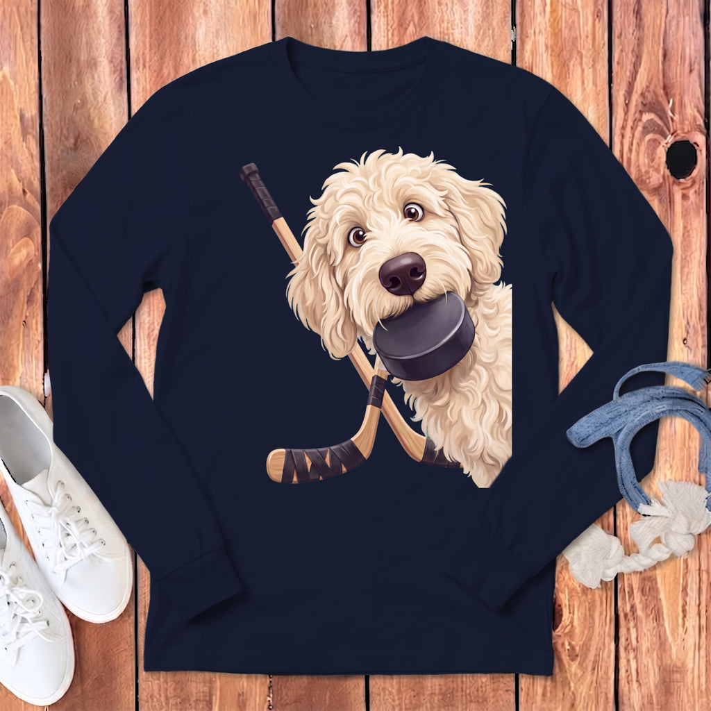 Cream Goldendoodle Hockey Long Sleeve T-Shirt in Navy / S by Puppy Jo