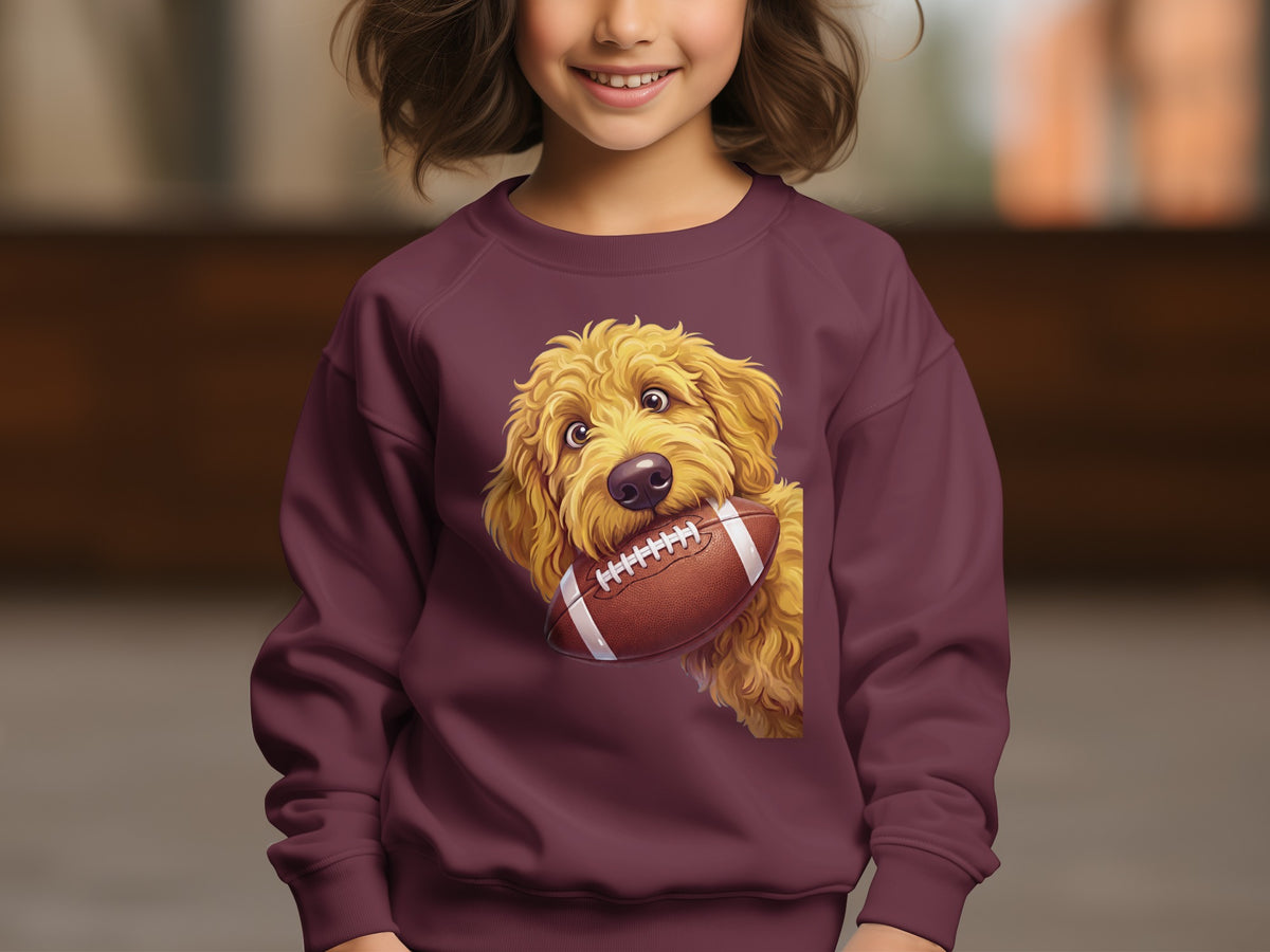 Children's maroon sweatshirt with a doodle dog holding a football graphic.