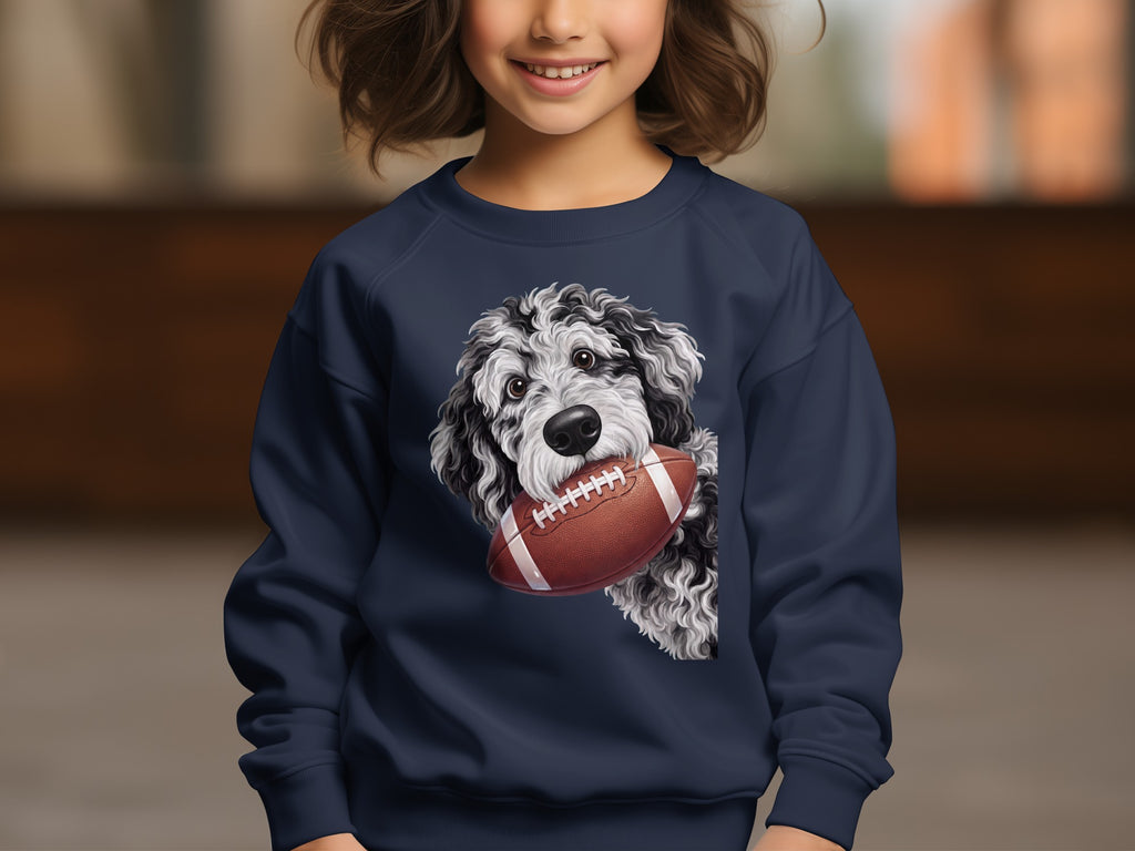 Naval blue sweatshirt with a doodle dog holding a football graphic.
