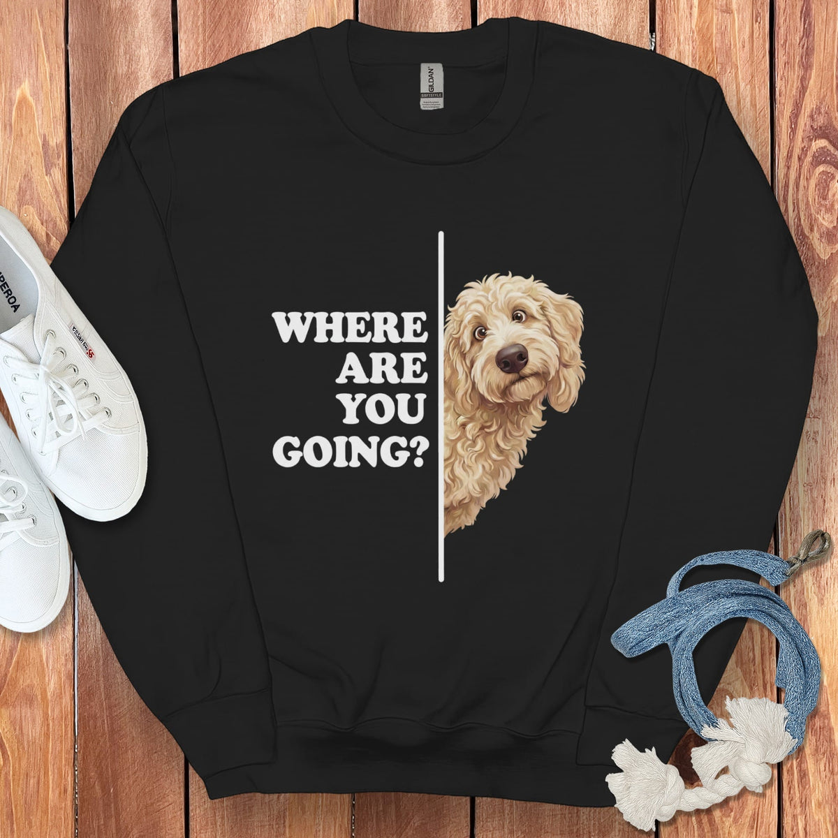 Where Going Cream Goldendoodle Sweatshirt in Black / S by Puppy Jo