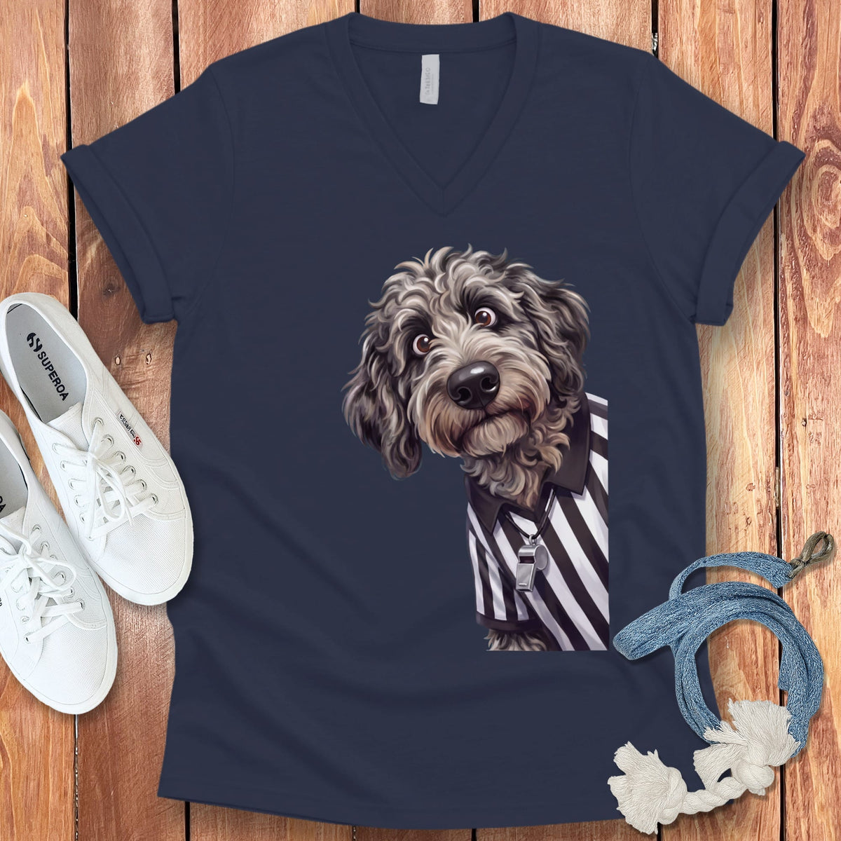 Merle Goldendoodle Football Referee V-Neck T-Shirt in Navy / S by Puppy Jo