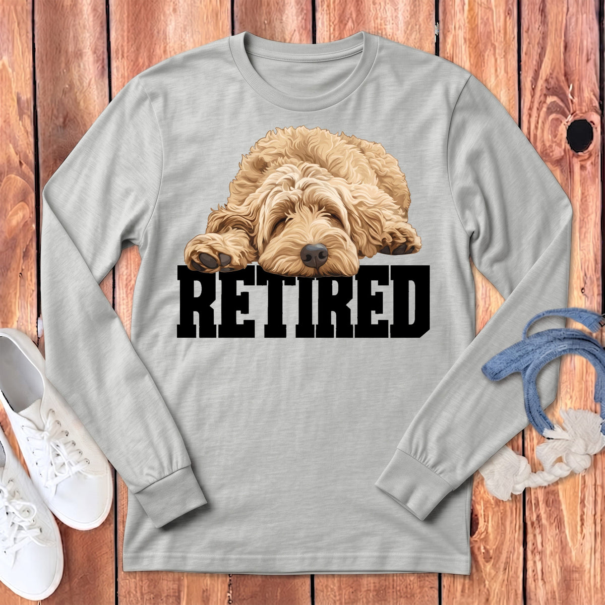 Retired Sleeping Golden Goldendoodle Long Sleeve T-Shirt in Athletic Heather / S by Puppy Jo