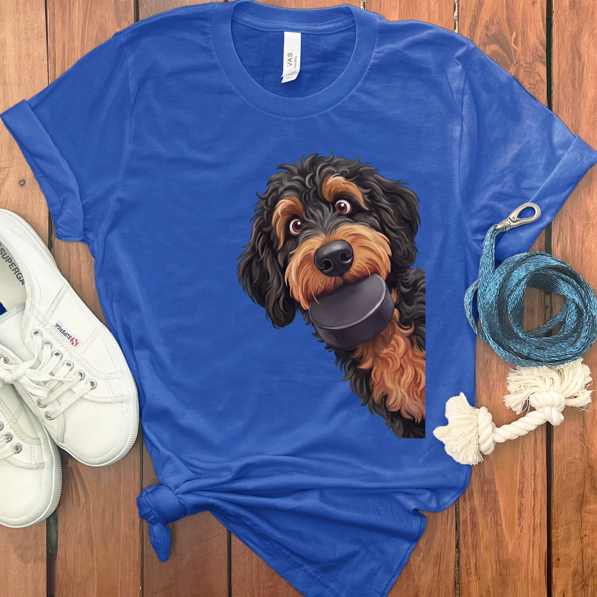 Phantom Goldendoodle Hockey Puck T-Shirt in True Royal / S by Puppy Jo