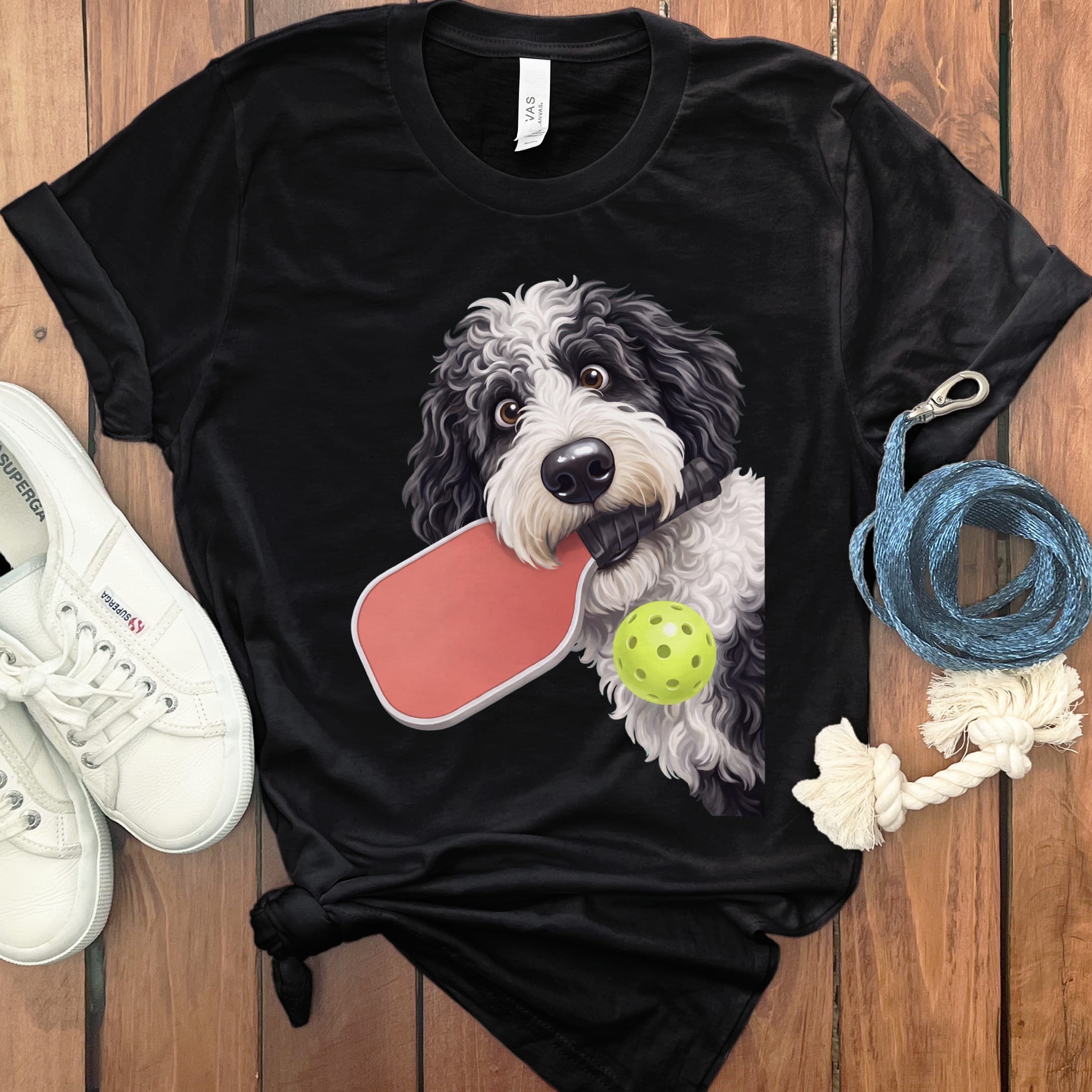 Sheepadoodle Pickleball T-Shirt in Black / S by Puppy Jo