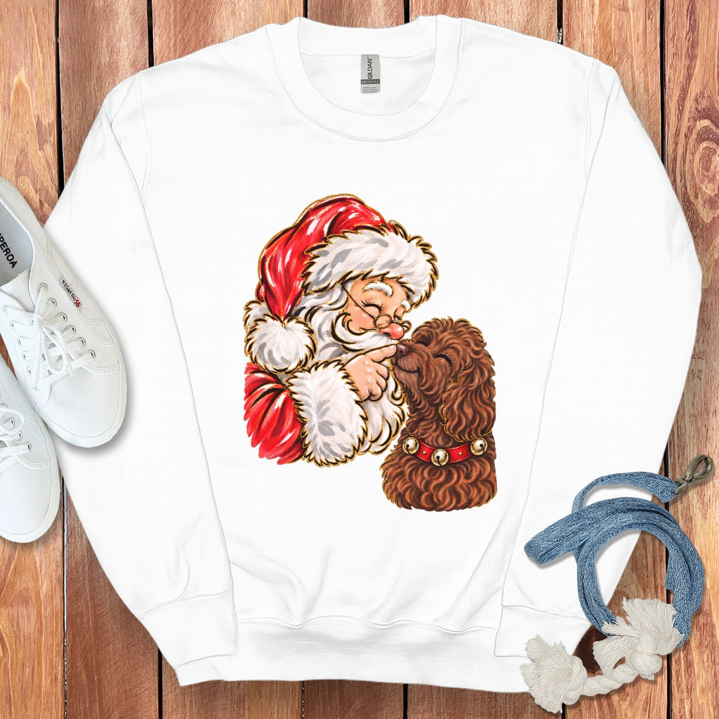 Chocolate Goldendoodle Santa Kiss Sweatshirt in White / S by Puppy Jo