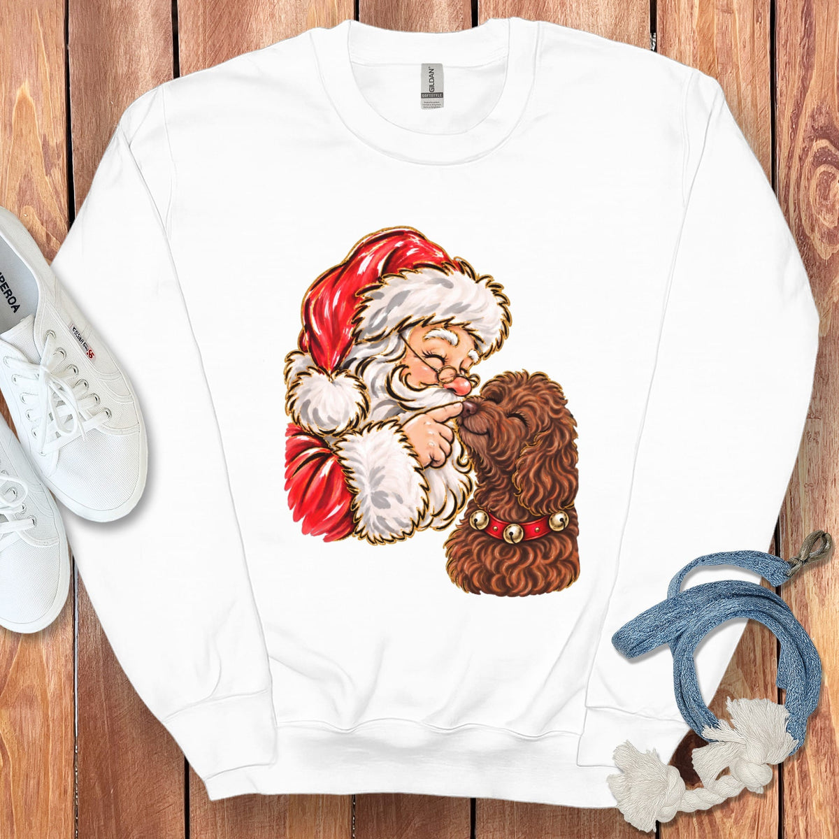 Chocolate Goldendoodle Santa Kiss Sweatshirt in White / S by Puppy Jo
