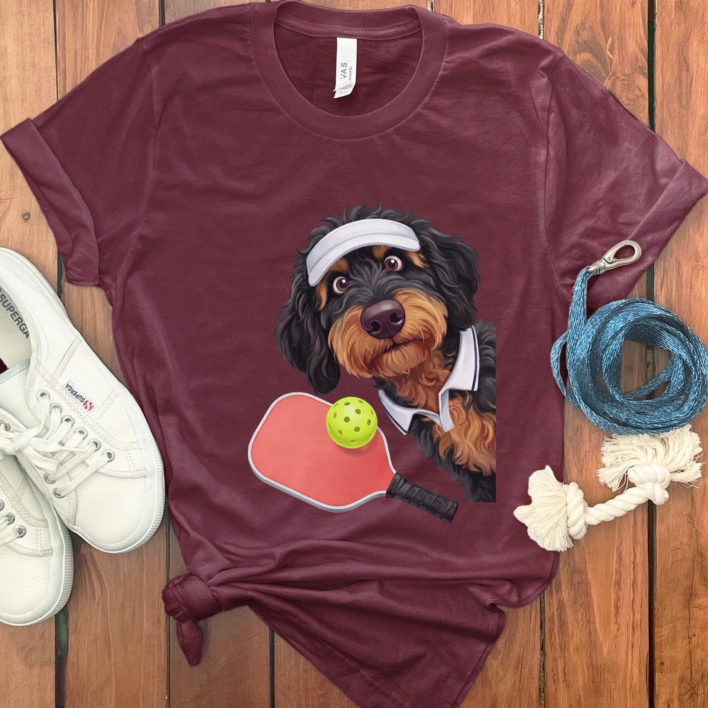 Phantom Goldendoodle Pickleball Player T-Shirt in Maroon / S by Puppy Jo