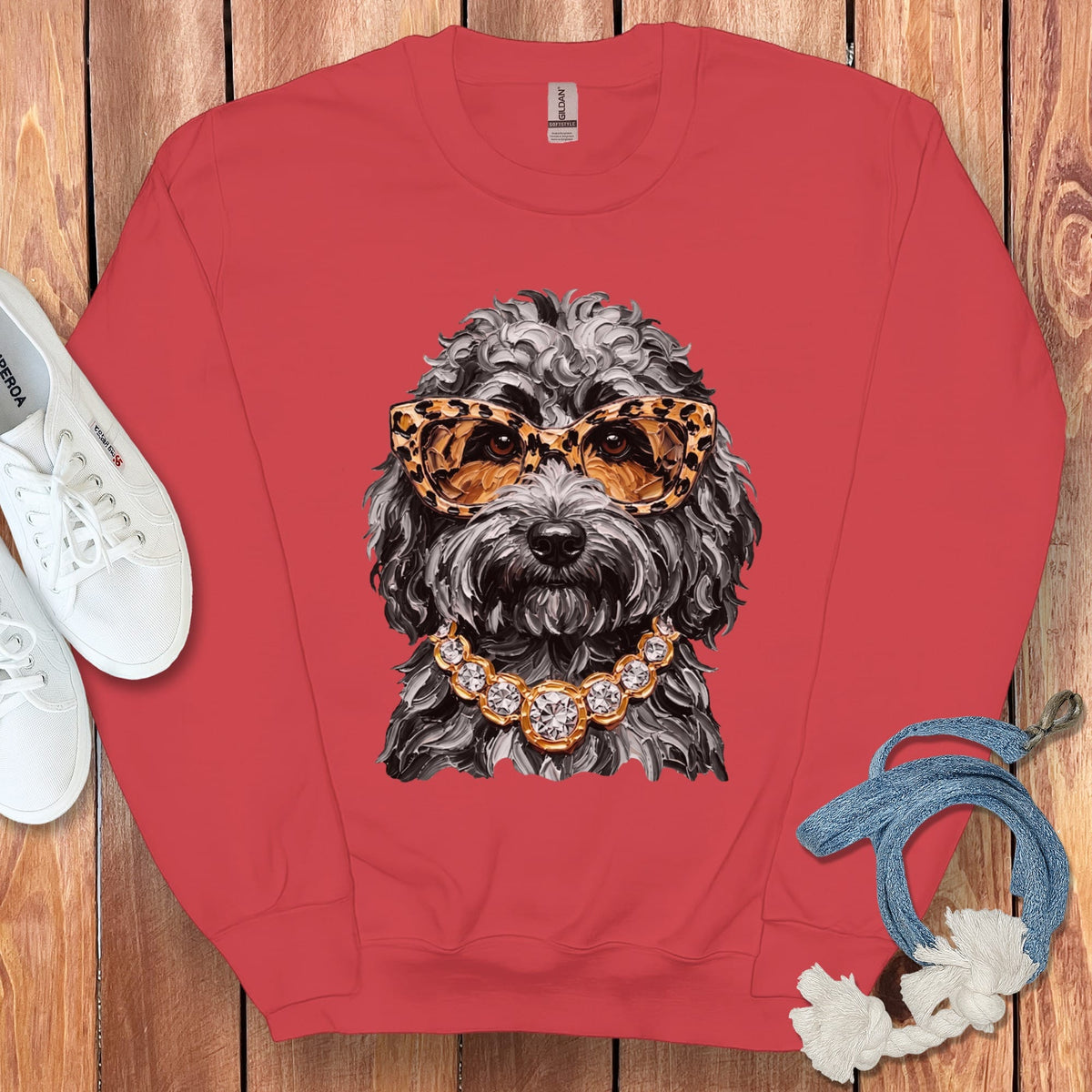 Merle Goldendoodle Glam Sweatshirt in Red / S by Puppy Jo