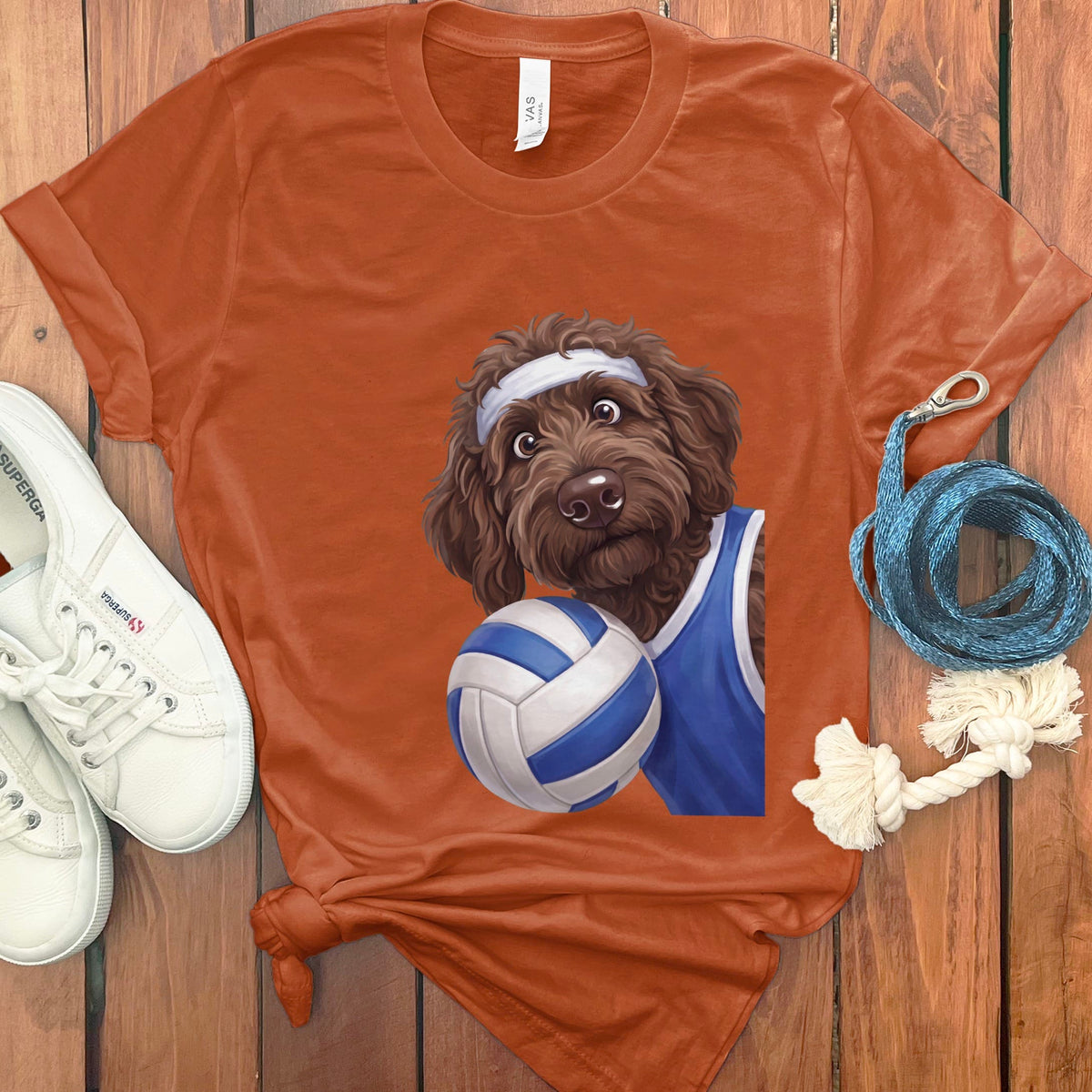 Chocolate Goldendoodle Volleyball Player T-Shirt in Autumn / S by Puppy Jo