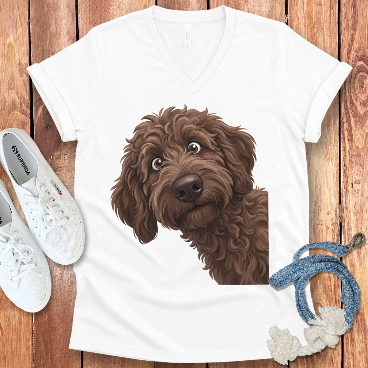 Funny Peeking Chocolate Goldendoodle V-Neck T-Shirt in White / S by Puppy Jo
