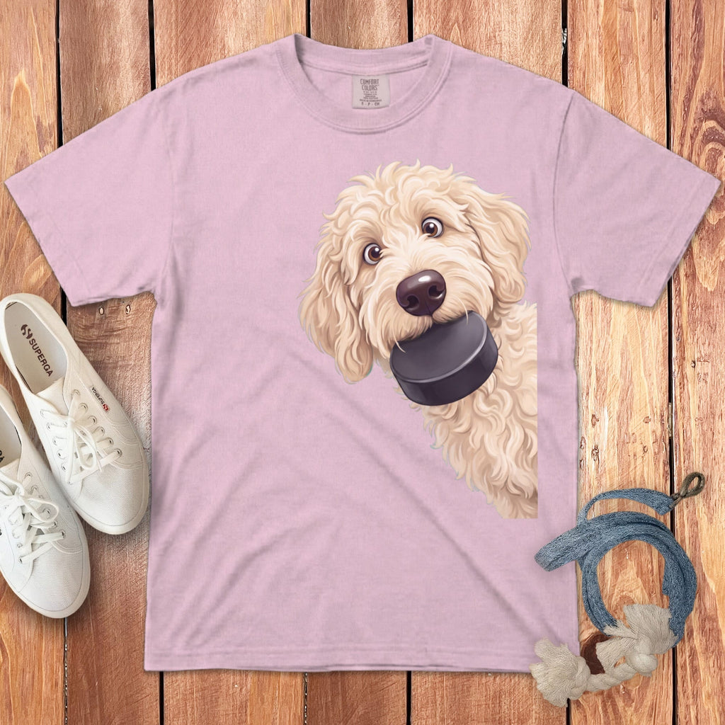 Cream Goldendoodle Hockey Puck Signature T-Shirt in Blossom / S by Puppy Jo