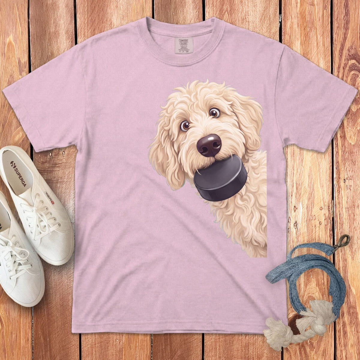 Cream Goldendoodle Hockey Puck Signature T-Shirt in Blossom / S by Puppy Jo
