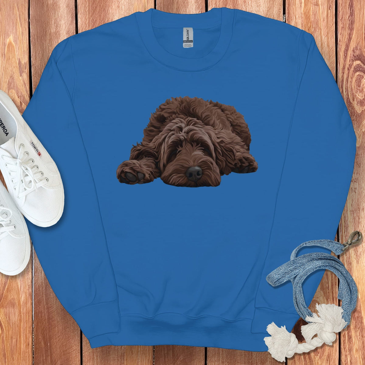 Chocolate Goldendoodle Snoozing Sweatshirt in Royal / S by Puppy Jo