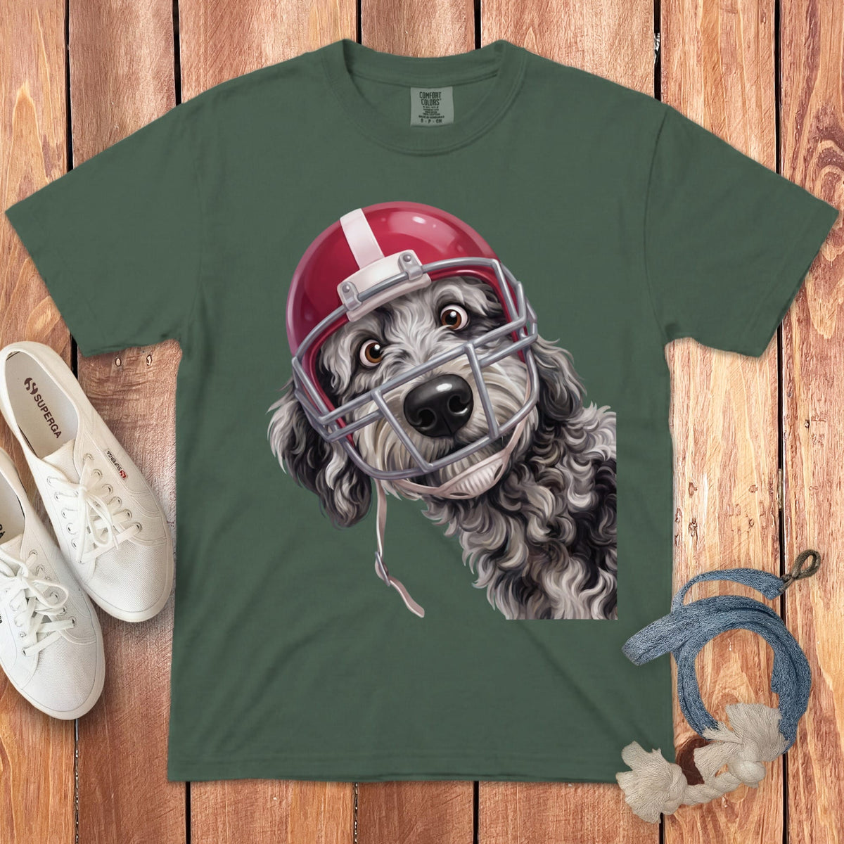 Merle Goldendoodle Football Helmet Signature T-Shirt in Blue Spruce / S by Puppy Jo