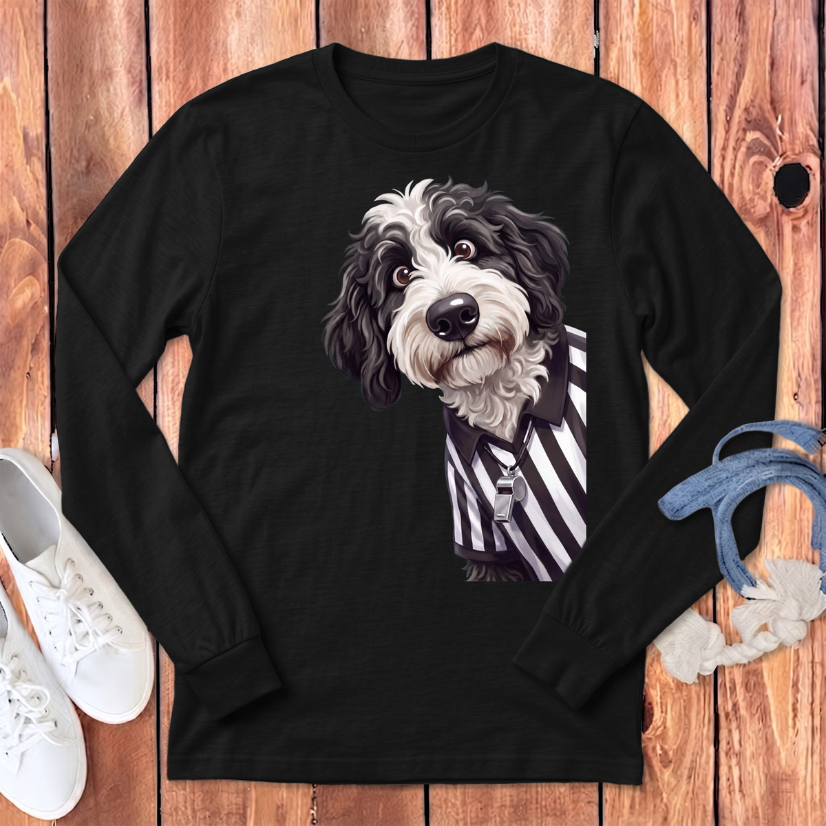 Black long-sleeve shirt with a cartoon dog wearing a referee shirt and whistle.