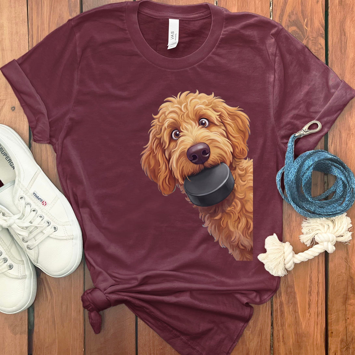 Apricot Goldendoodle Hockey Puck T-Shirt in Maroon / S by Puppy Jo