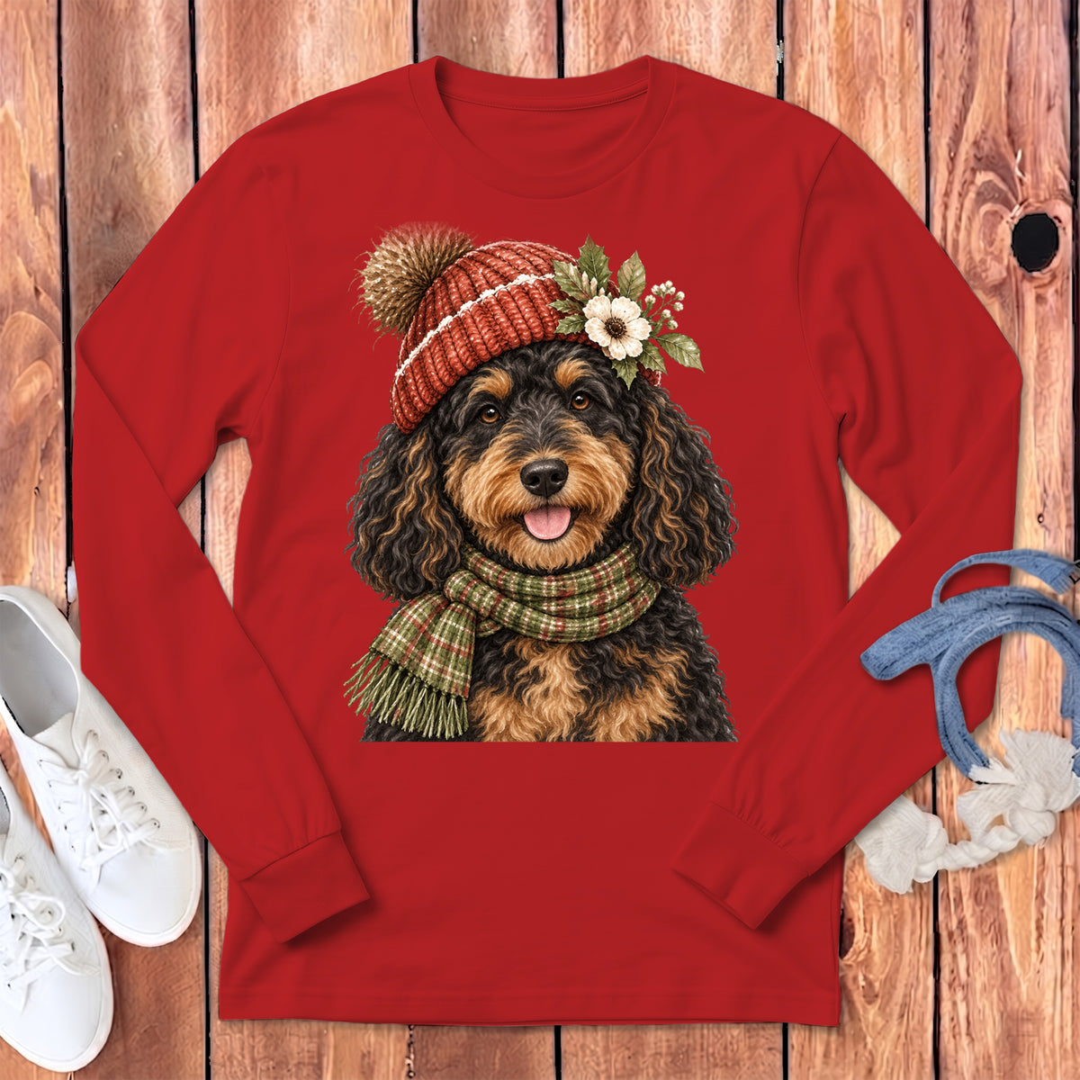 Dog wearing a red knit hat and green plaid scarf on a red long-sleeved shirt.