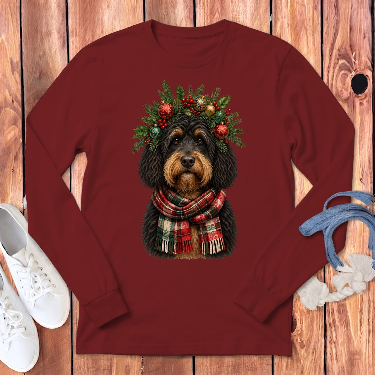 Phantom Goldendoodle Holiday Crown Long Sleeve T-Shirt in Cardinal / S by MyDesigns
