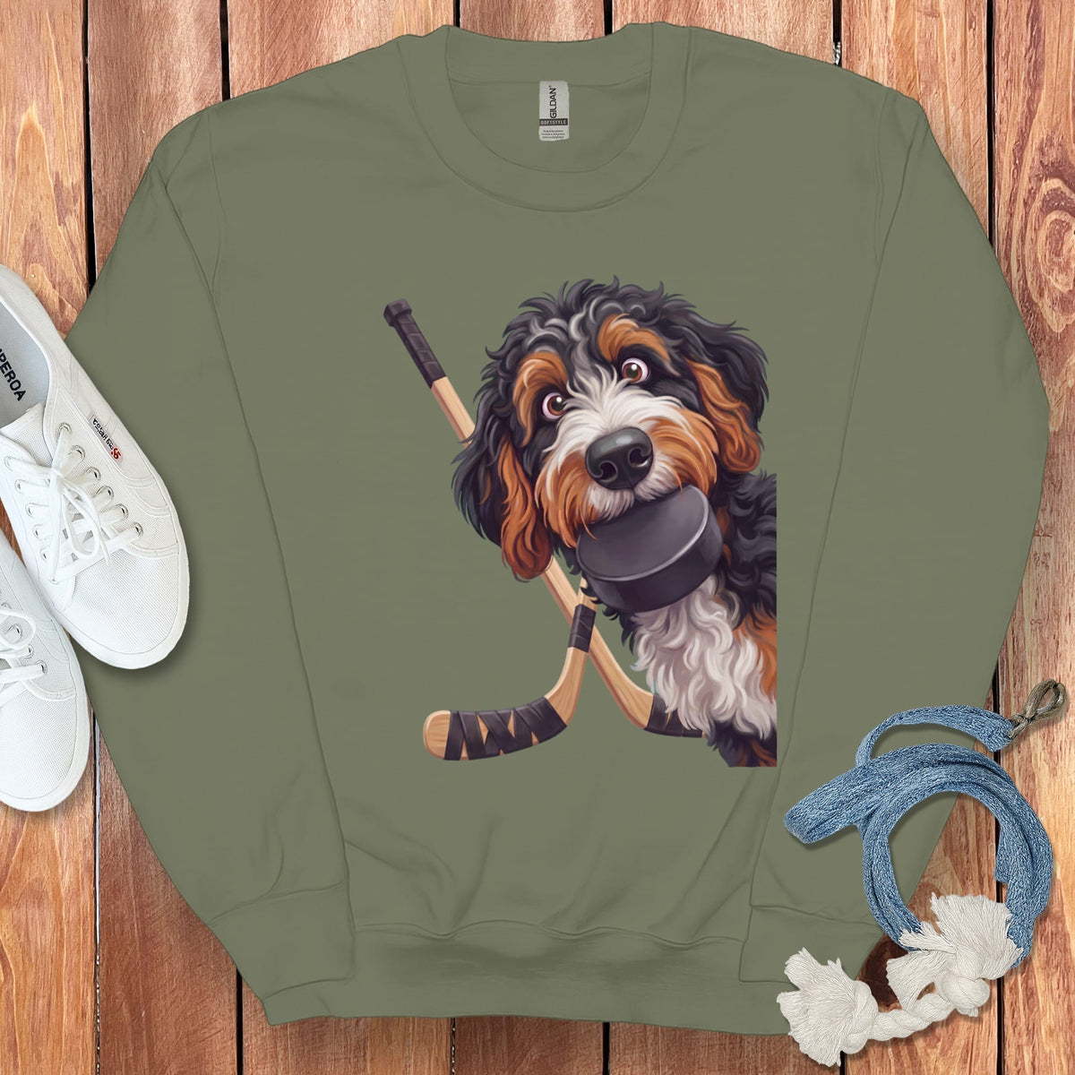 Bernedoodle Hockey Sweatshirt in Military Green / S by Puppy Jo