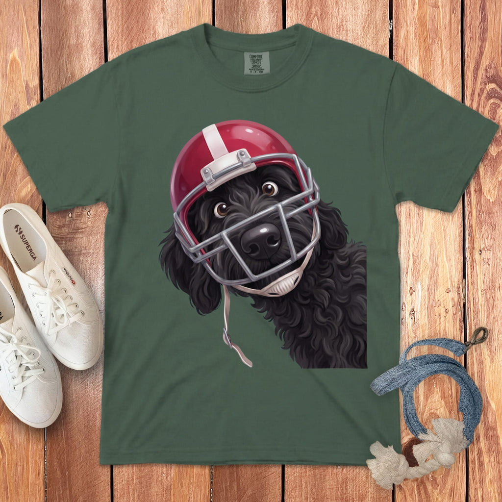 Black Goldendoodle Football Helmet Signature T-Shirt in Blue Spruce / S by Puppy Jo