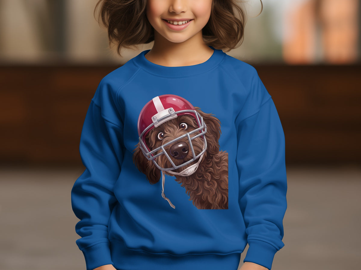 Blue sweatshirt with a brown dog wearing a red football helmet graphic.