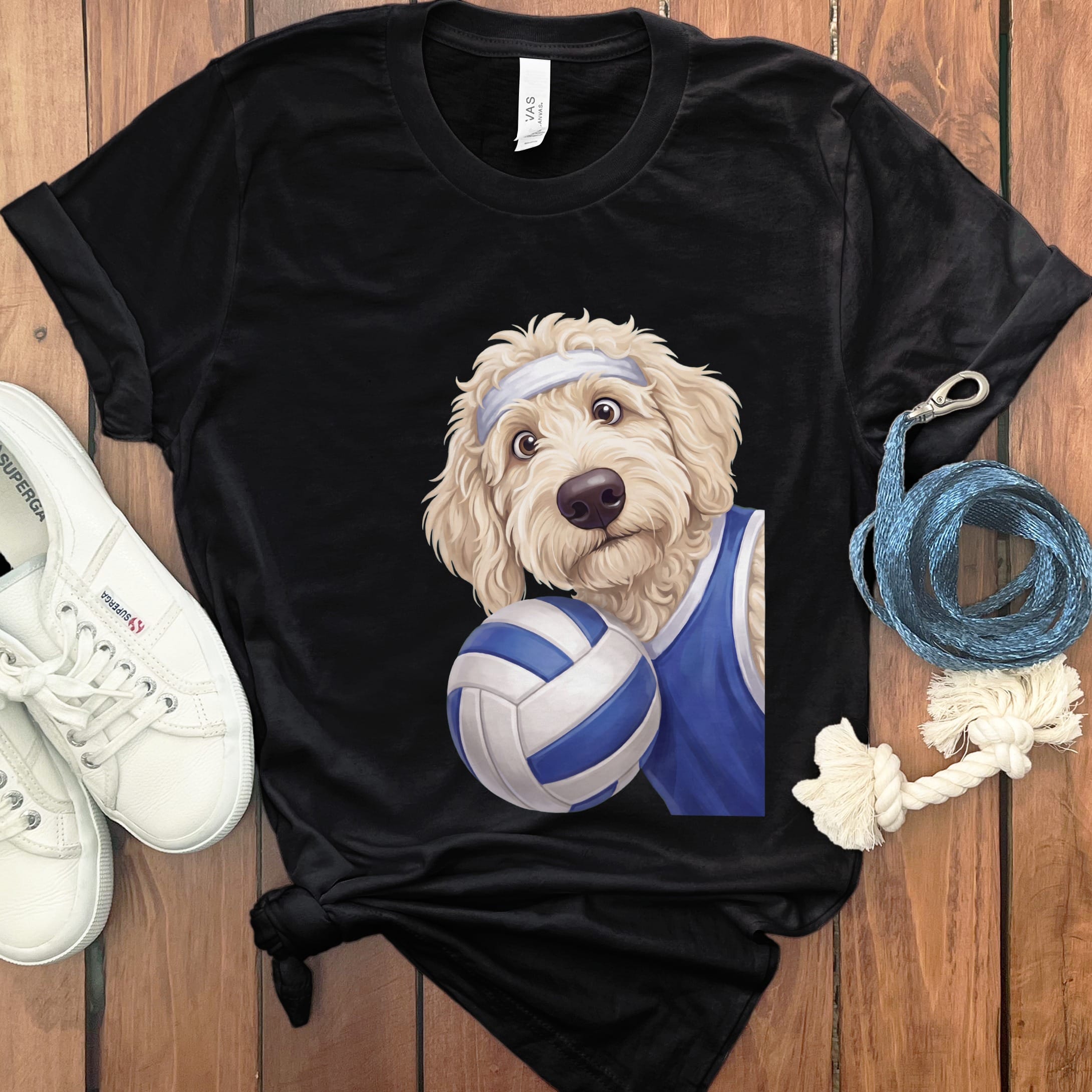 Cream Goldendoodle Volleyball Player T-Shirt in Black / S by Puppy Jo