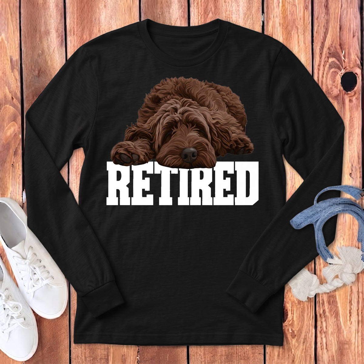 Retired Sleeping Chocolate Goldendoodle Long Sleeve T-Shirt in Dark Grey Heather / S by Puppy Jo