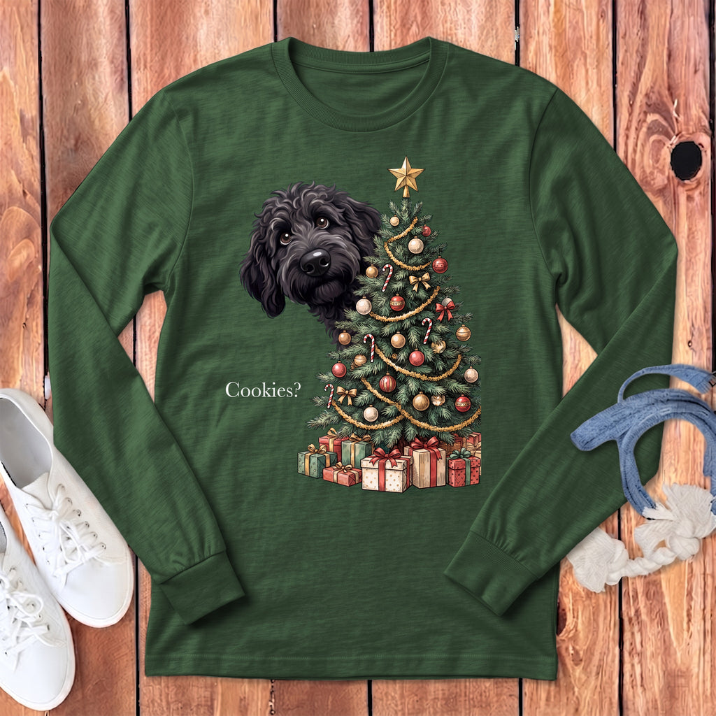 Green long-sleeved shirt with black dog and Christmas tree graphic saying "Cookies?".