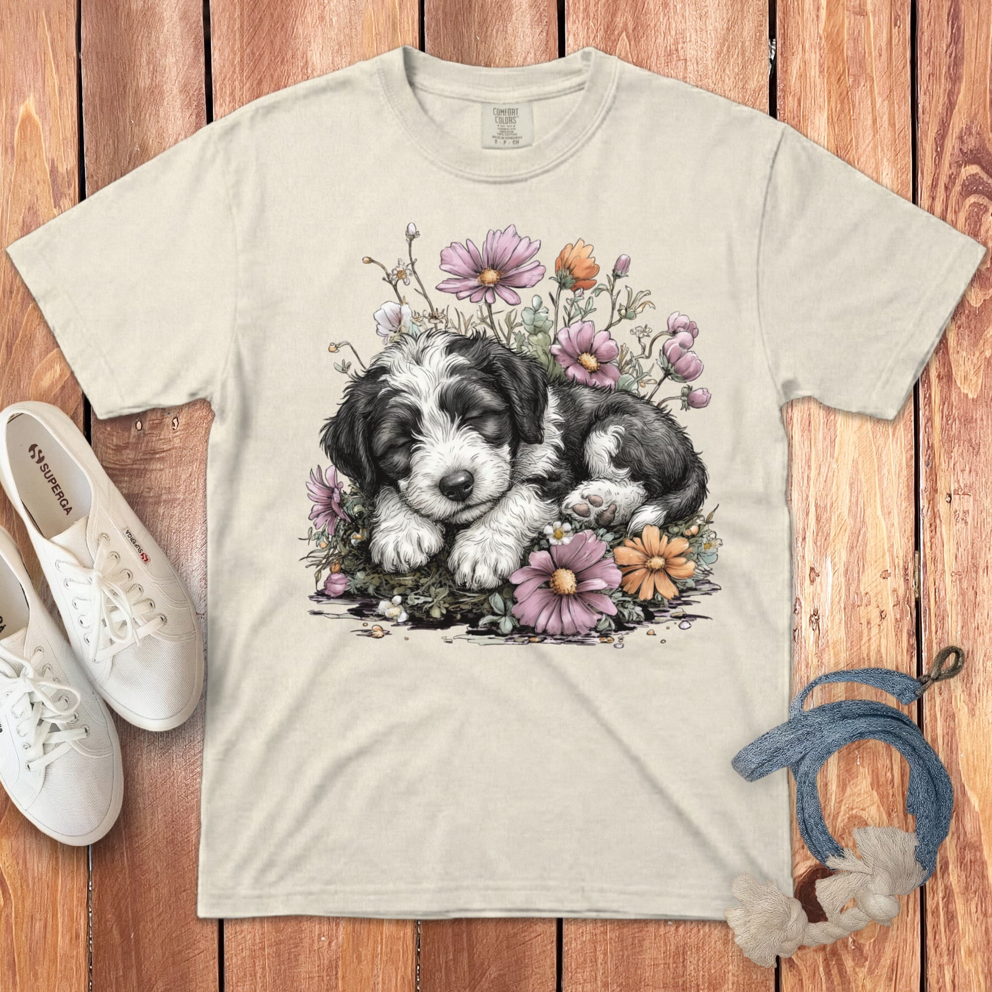 Cream t-shirt featuring a sleeping puppy nestled in flowers.