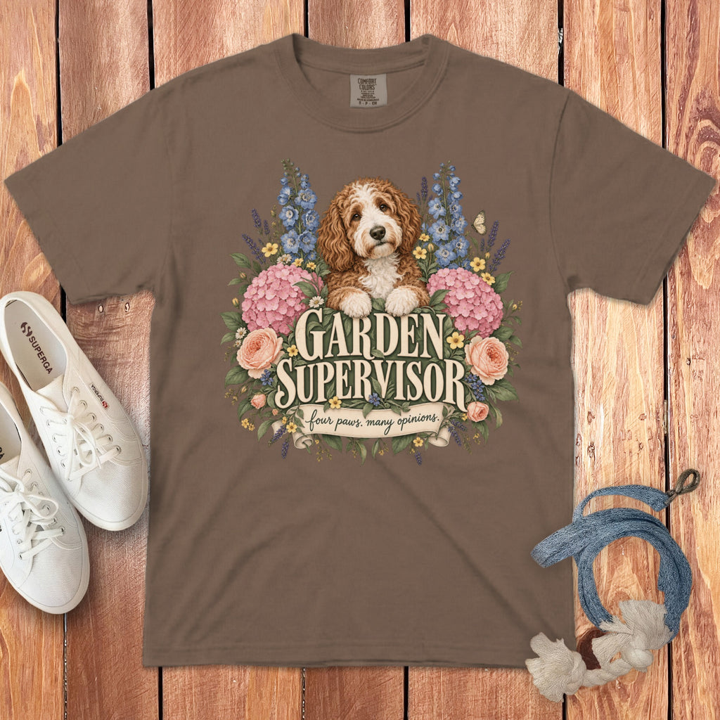 Brown t-shirt featuring a doodle dog surrounded by flowers and the text Garden Supervisor.