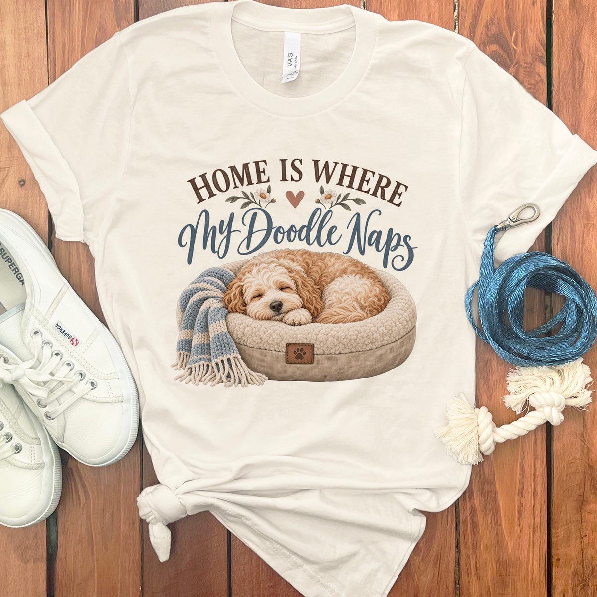 Cream t-shirt with "HOME IS WHERE My Doodle Naps" and a sleeping doodle puppy.