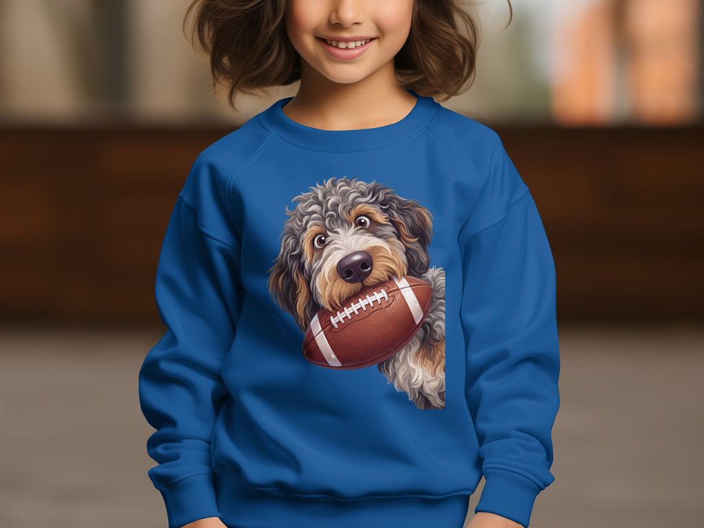 Blue sweatshirt with a cartoon doodle dog holding a football in its mouth.