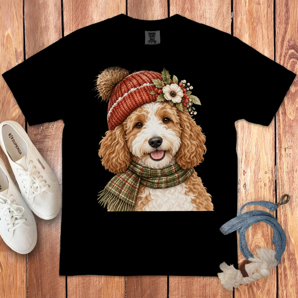 Black t-shirt with a doodle dog wearing a winter hat and scarf.