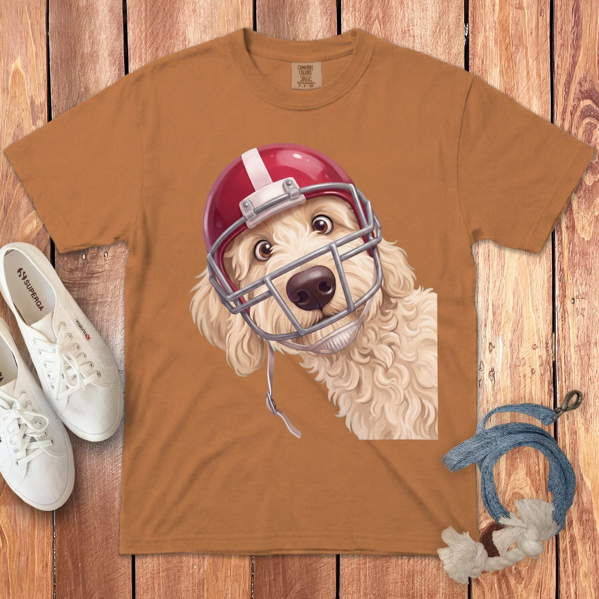 Cream Goldendoodle Football Helmet Signature T-Shirt in Yam / S by Puppy Jo
