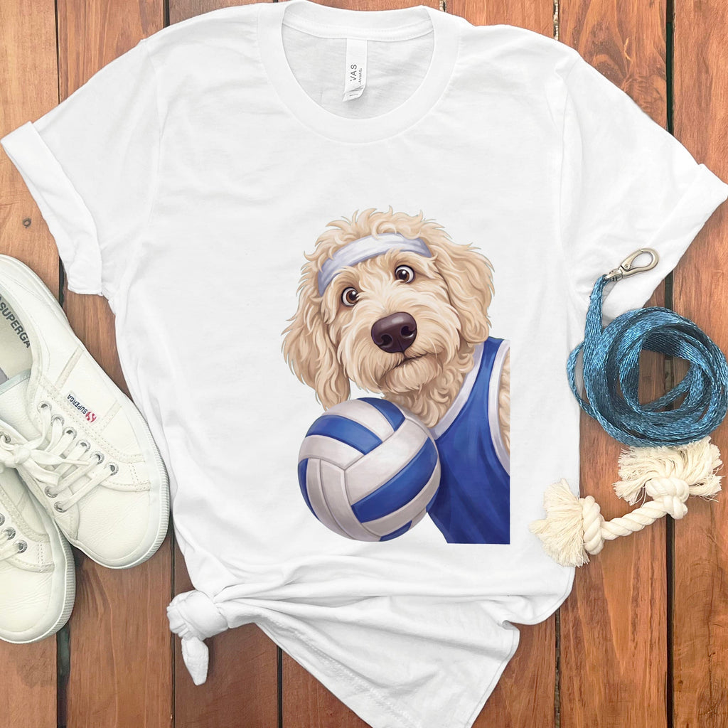 Cream Goldendoodle Volleyball Player T-Shirt in White / S by Puppy Jo