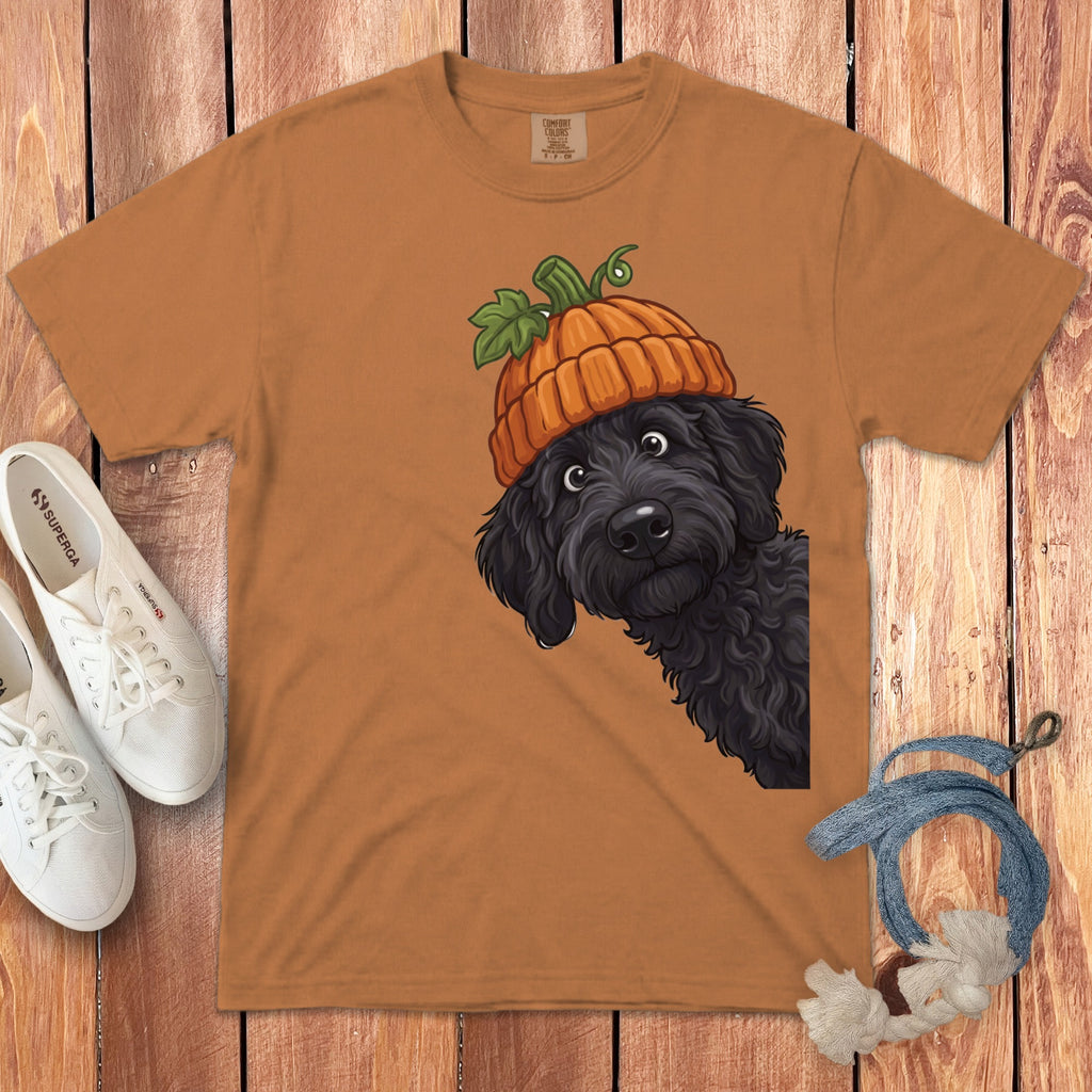 Orange t-shirt with black dog wearing a pumpkin hat.
