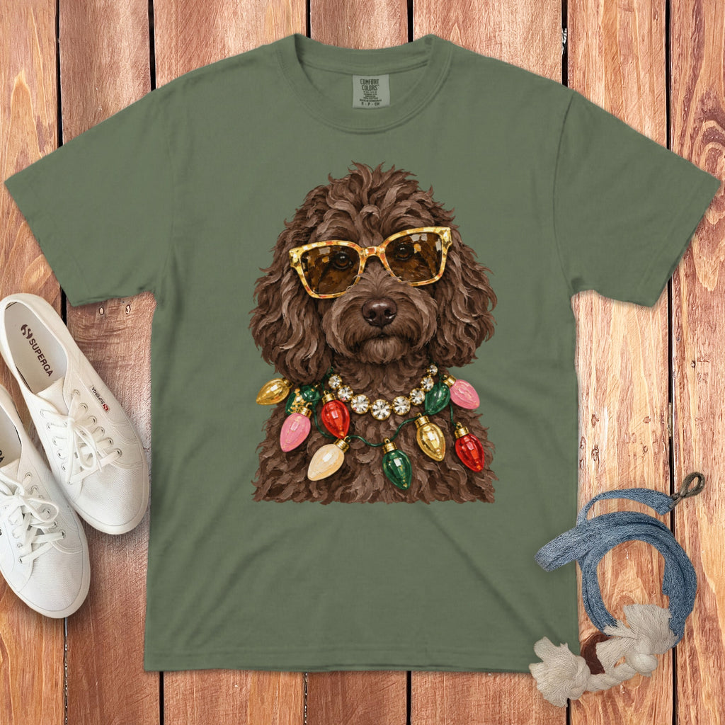 Green t-shirt with a brown poodle wearing sunglasses and a string of Christmas lights.
