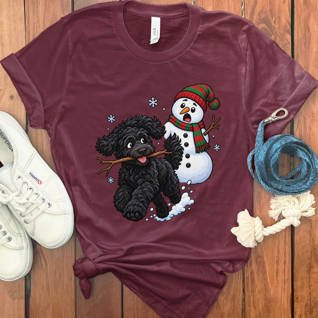 Black Goldendoodle Snowman T-Shirt in Maroon / S by Puppy Jo