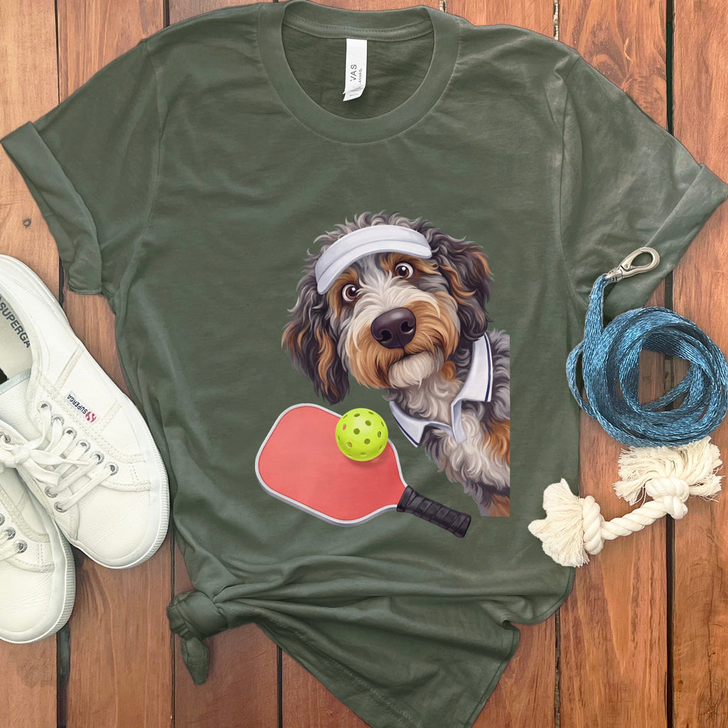 Aussiedoodle Pickleball Player T-Shirt in Military Green / S by Puppy Jo