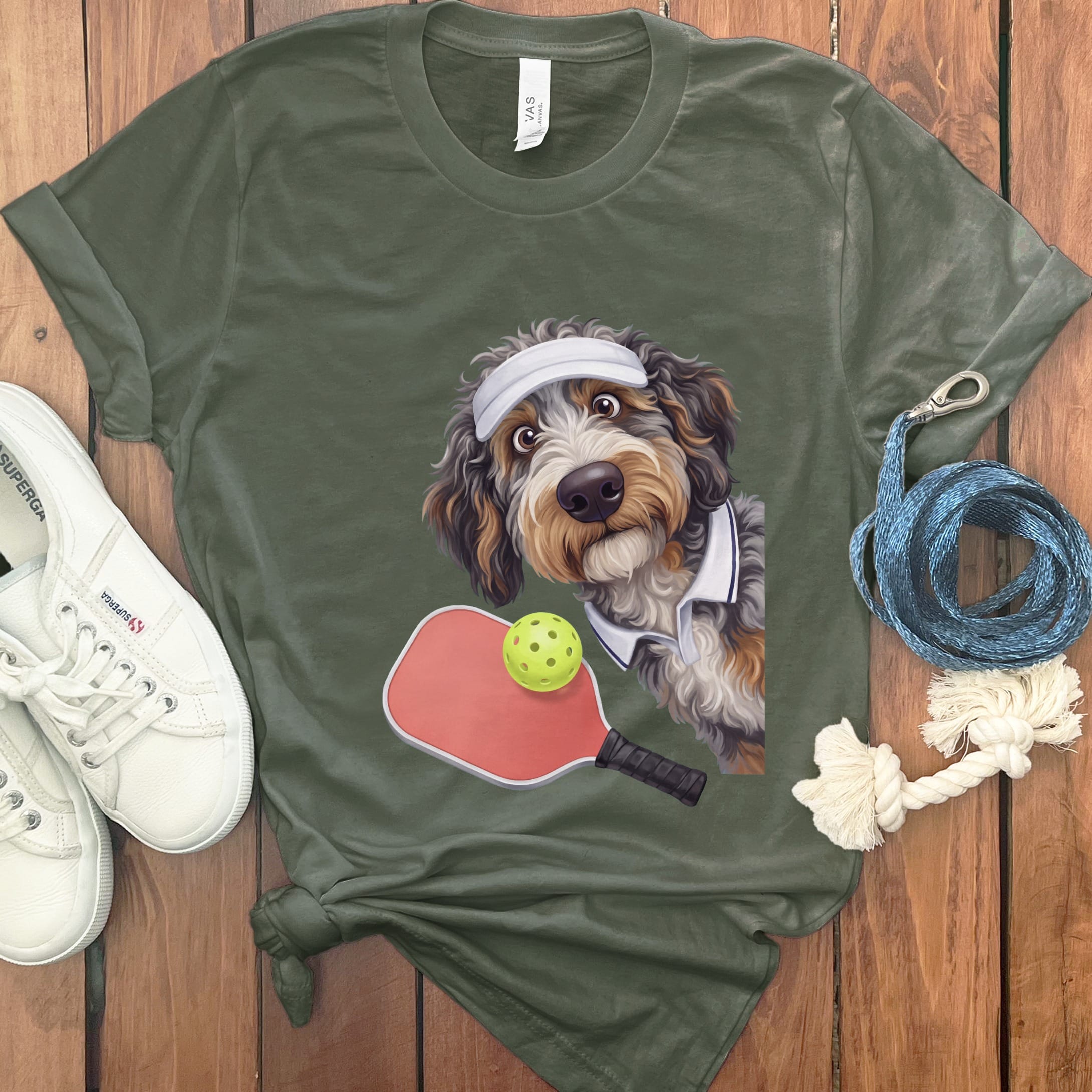 Aussiedoodle Pickleball Player T-Shirt in Military Green / S by Puppy Jo