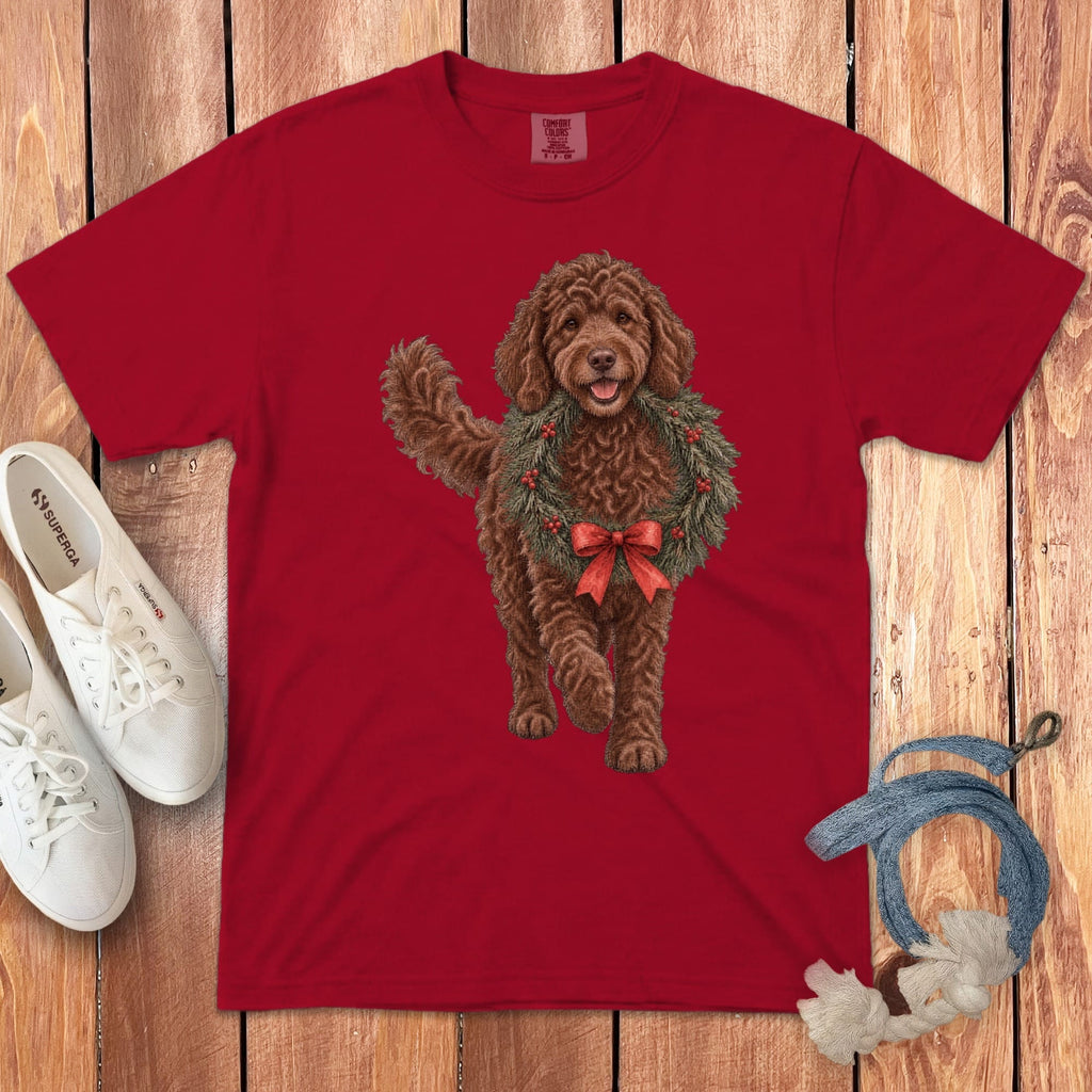 Chocolate Goldendoodle Wreath Signature T-Shirt in Red / S by Puppy Jo