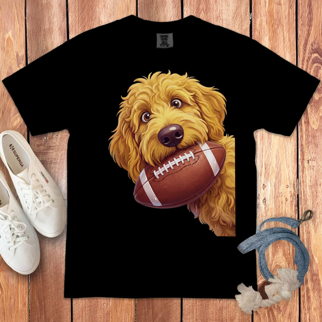 Golden Goldendoodle Football Signature T-Shirt in Black / S by Puppy Jo